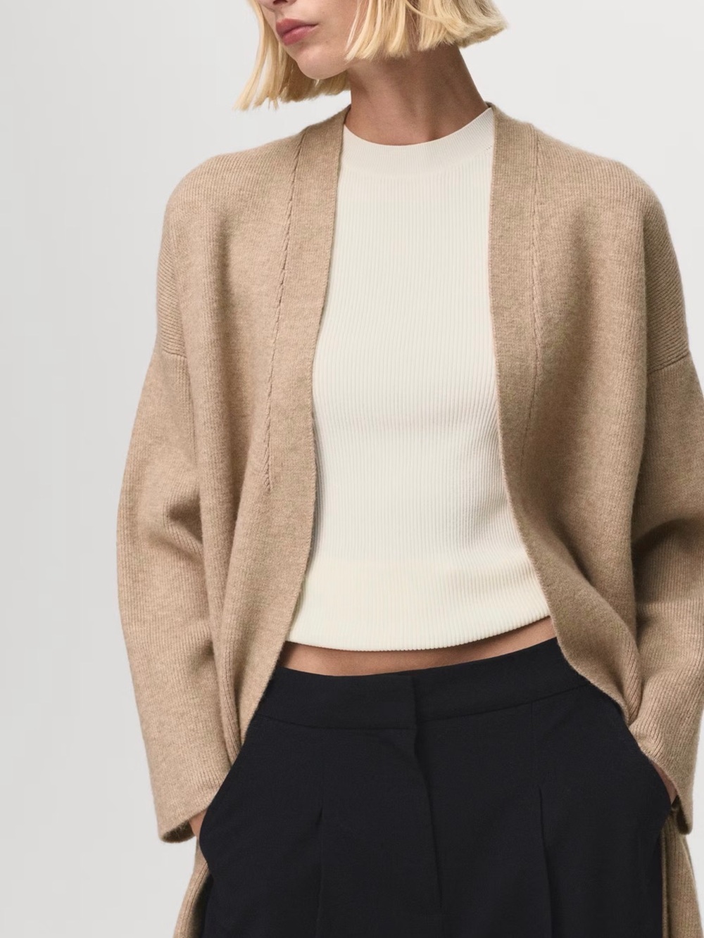 Open-Front Camel Knit Cardigan Sweater